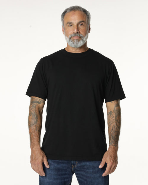 Man wearing a black Premium t-shirt. Model is 5'11", 198lbs wearing size L