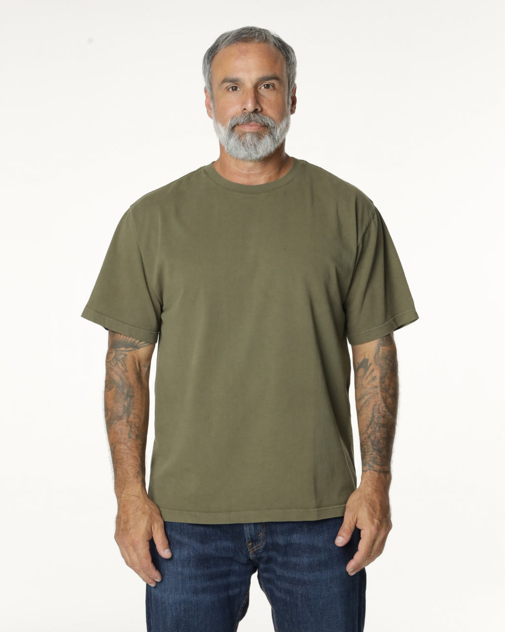 Man wearing a Military Drop Shoulder t-shirt. Model is 5'11", 198lbs wearing size L
