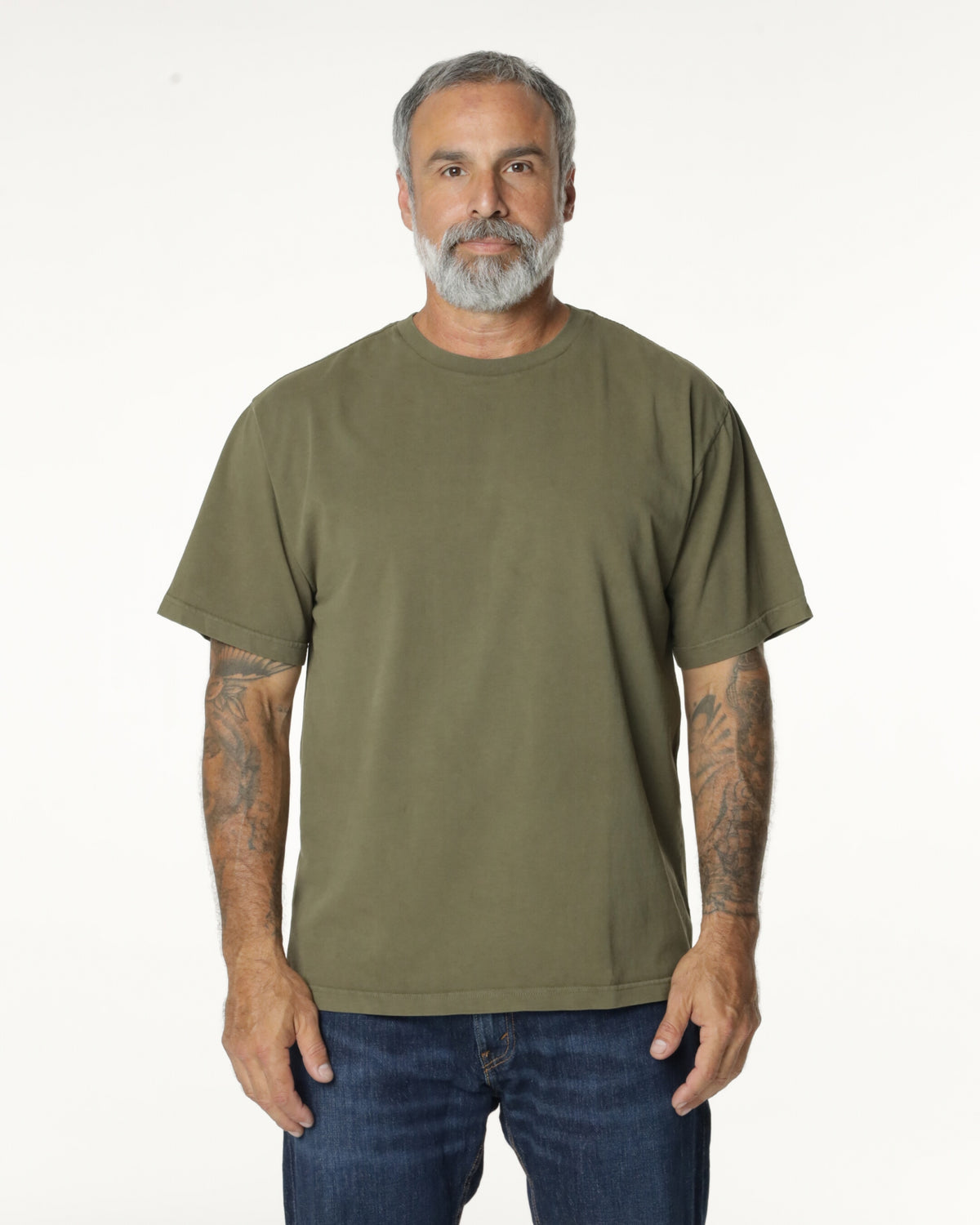 Man wearing a Military Drop Shoulder t-shirt. Model is 5'11", 198lbs wearing size L