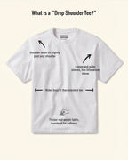 White t-shirt with text and arrows explaining features of a 'Drop Shoulder Tee' on a beige background.