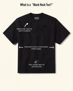 Black t-shirt with text explaining features on a beige background