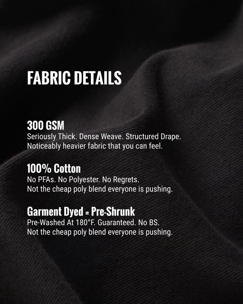 Black fabric with text detailing fabric properties on a black background