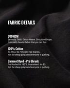 Black fabric with text detailing fabric properties on a black background