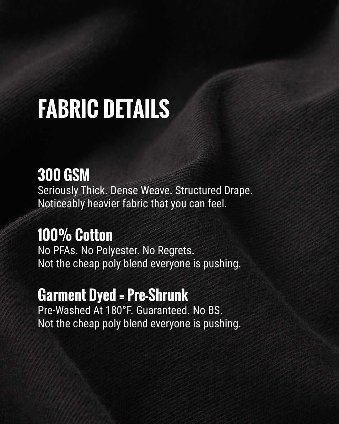 Black fabric with text detailing fabric properties on a black background