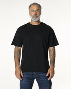 Man wearing a black Mock Neck t-shirt. Model is 5'11", 198lbs wearing size L