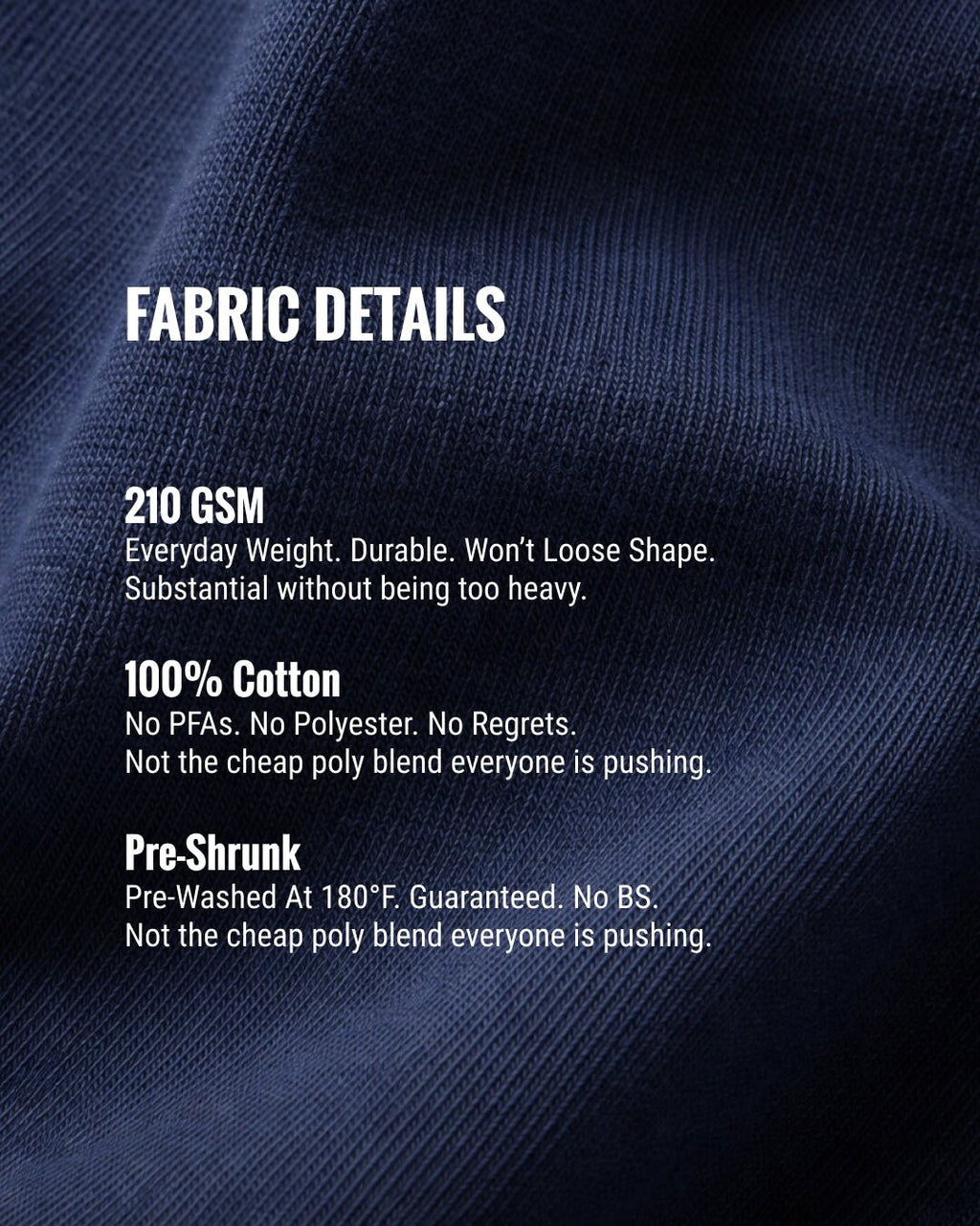 Fabric details of a product with text on a blue fabric background