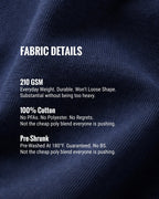 Fabric details of a product with text on a blue fabric background