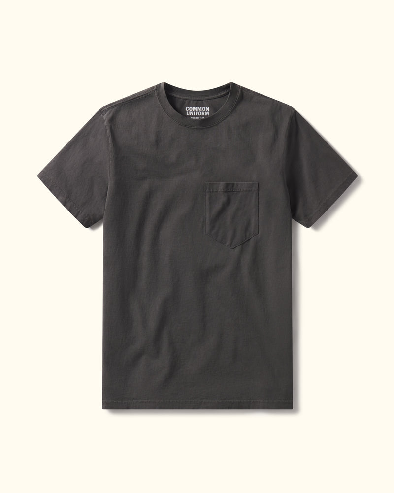Steel Grey t-shirt with a pocket on a beige background