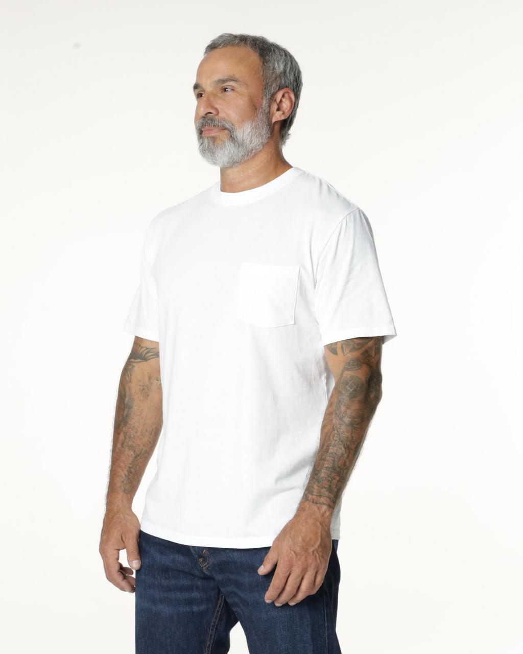 Man wearing a White Pocket t-shirt and jeans. Model is 5'11", 198lbs wearing size L