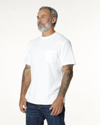 Man wearing a White Pocket t-shirt and jeans. Model is 5'11", 198lbs wearing size L