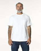 Man wearing a White Pocket t-shirt and jeans. Model is 5'11", 198lbs wearing size L