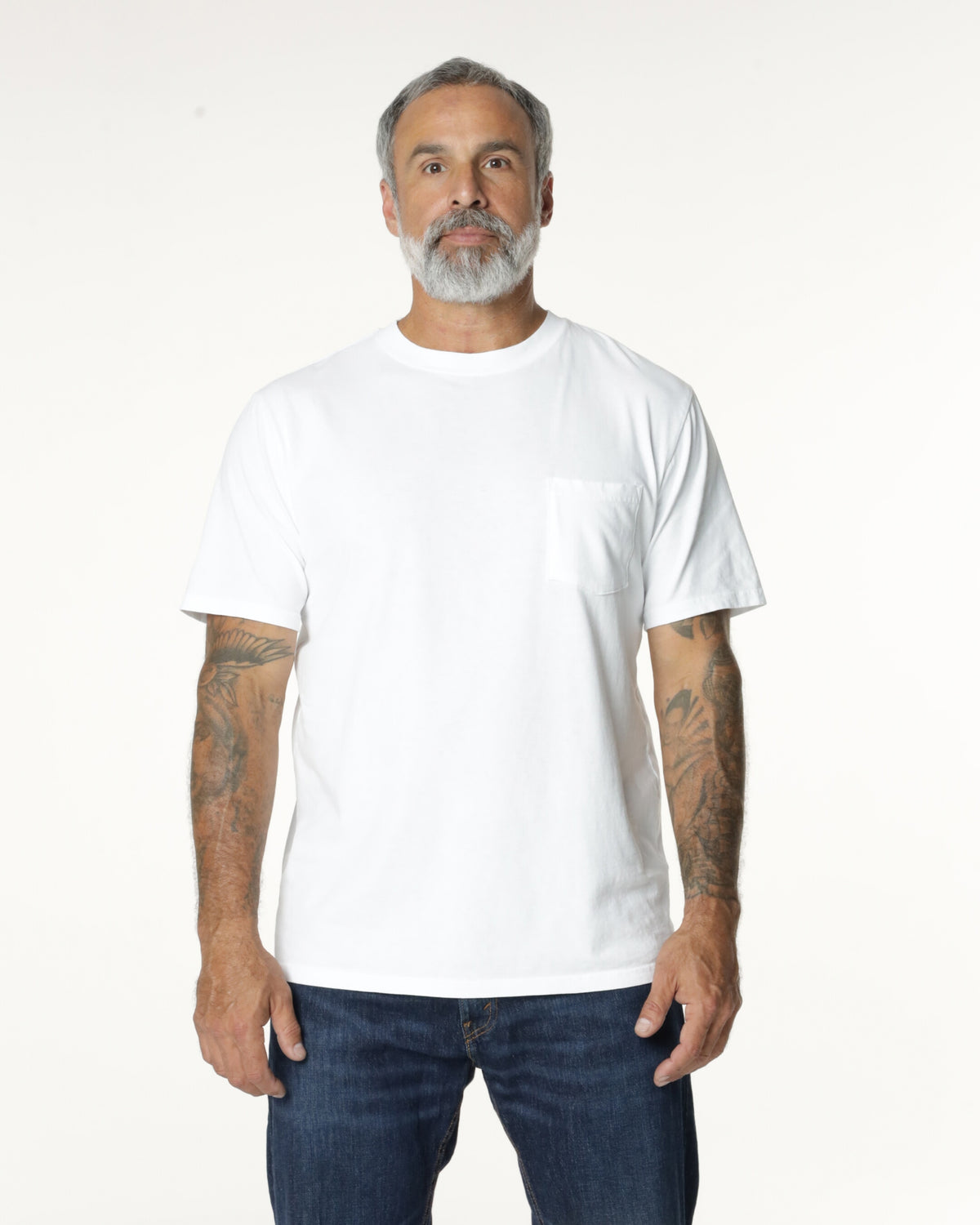 Man wearing a White Pocket t-shirt and jeans. Model is 5'11", 198lbs wearing size L