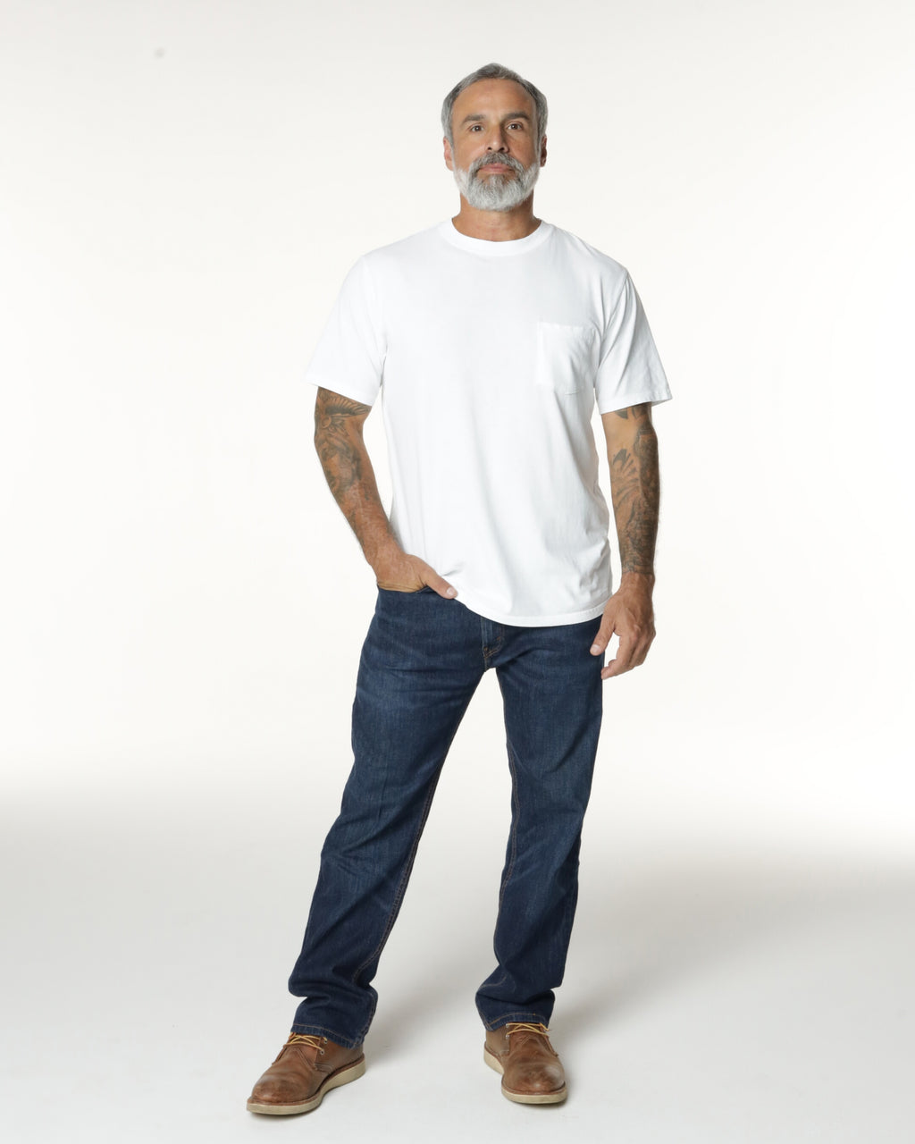 Man wearing a White Pocket t-shirt and jeans. Model is 5'11", 198lbs wearing size L