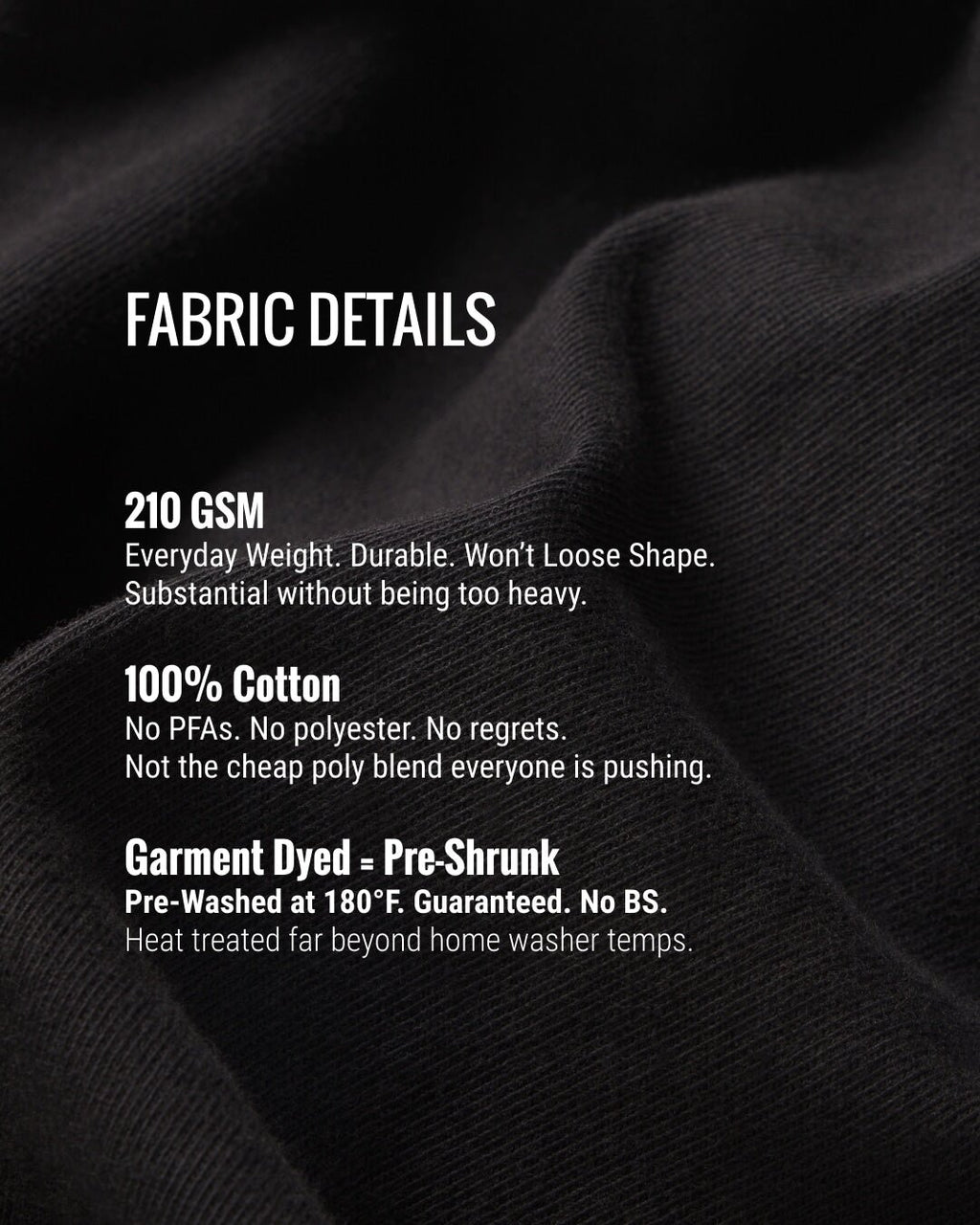 Fabric details text overlay on black fabric background