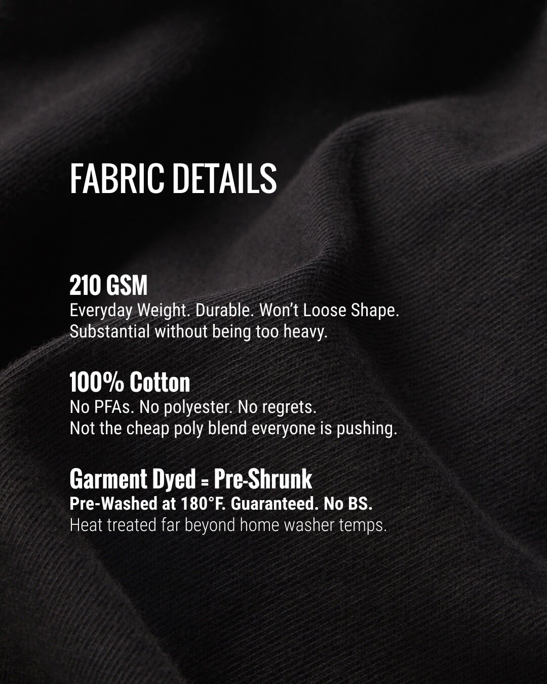 Fabric details text overlay on black fabric background